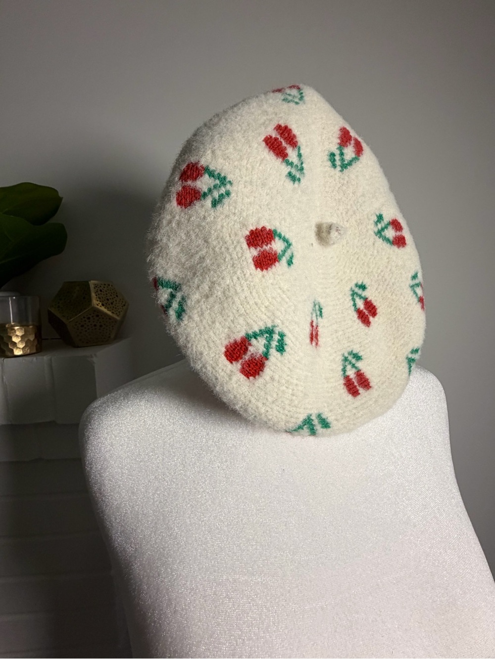 Anthro Maeve Cream Cherry Knit Beret - women’s- never worn
